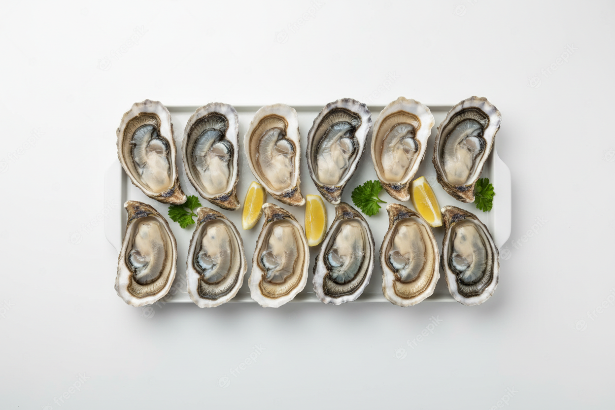bandeja de ostion fresco de 12 unidades en fondo blanco