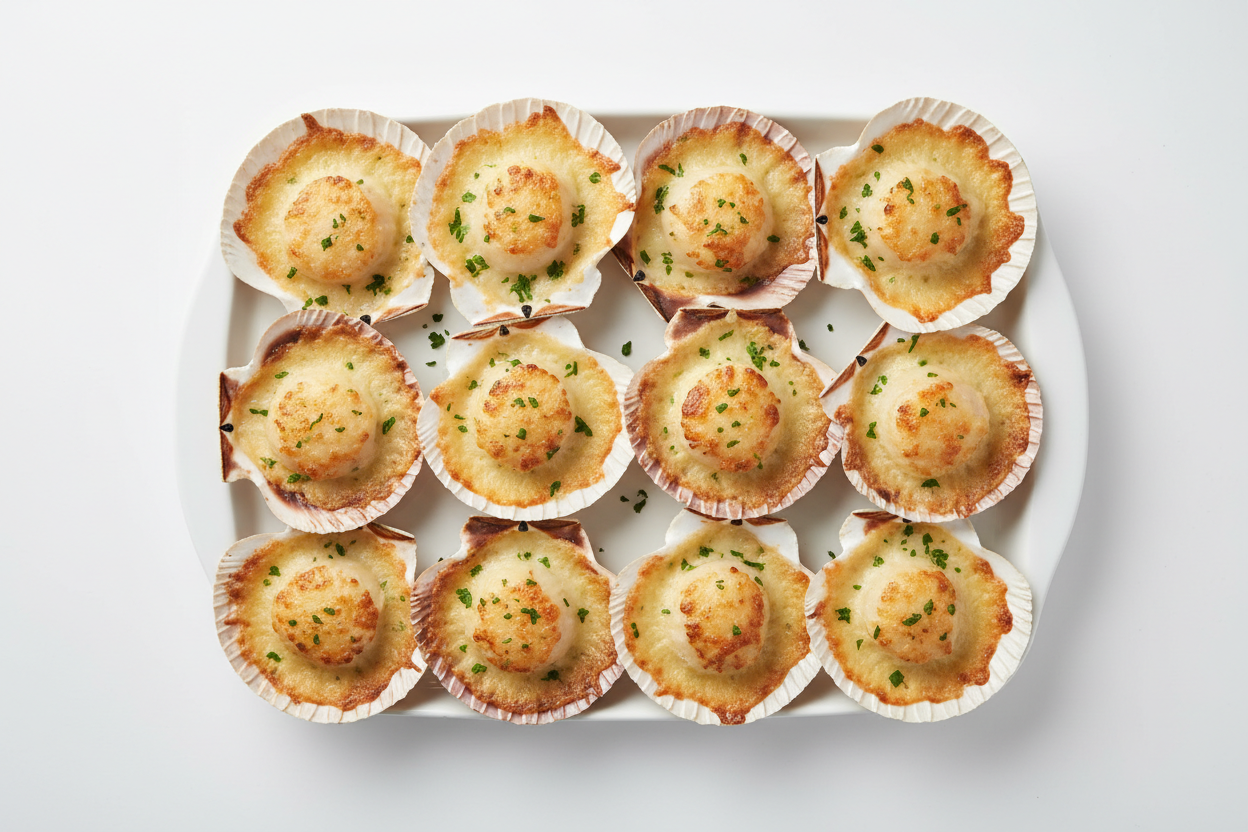 bandeja de ostiones parmesanos de 12 unidades en fondo blanco
