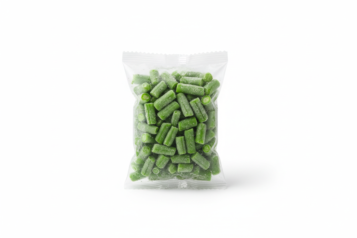 bolsa de 150 gramos de porotos verdes congelados en fondo blanco y sin texto
