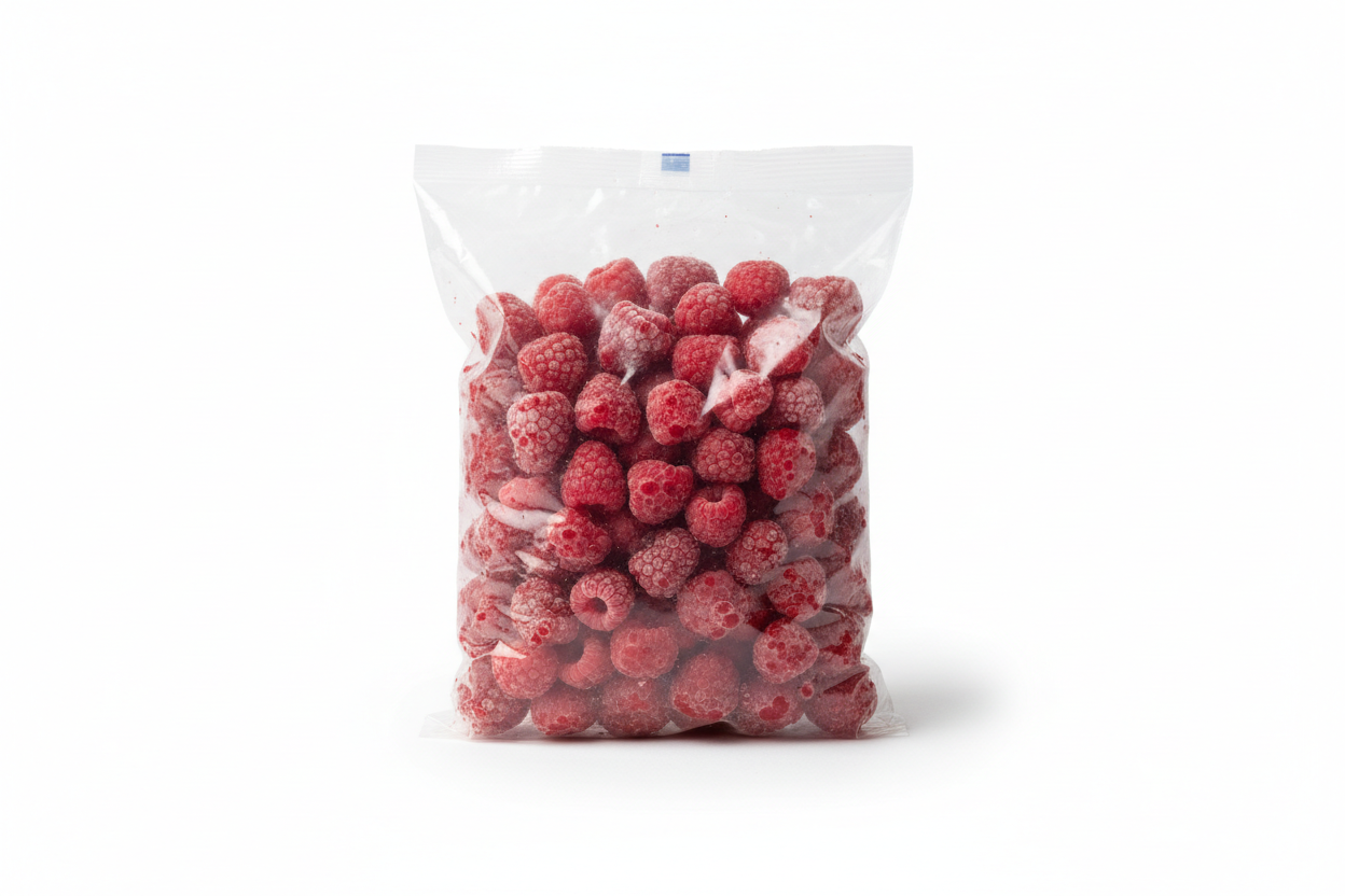 bolsa de frambuesas congeladas de 1kg en fondo blanco y sin textos