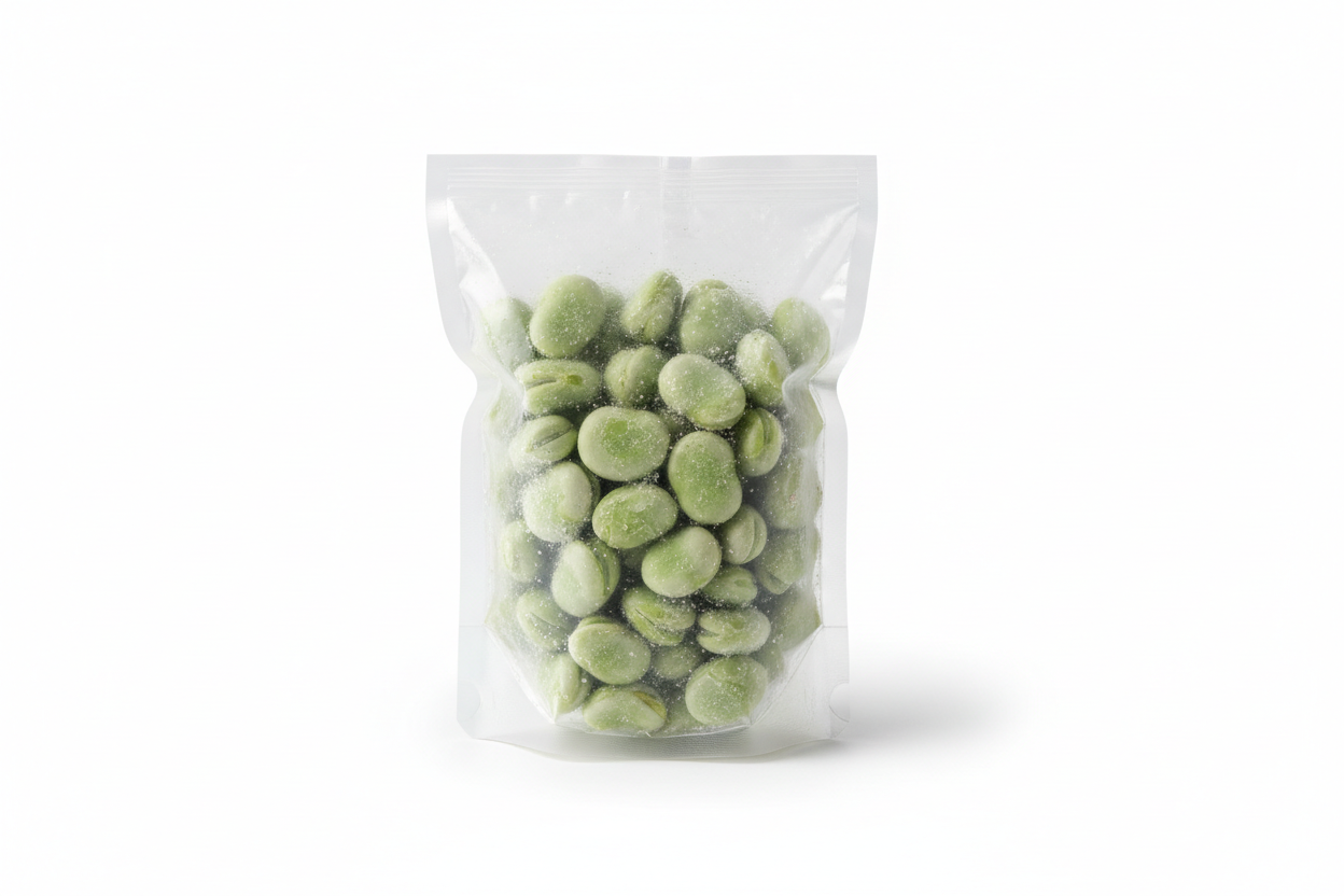 bolsa de habas congeladas de 150 gramos en fondo blanco y sin texto