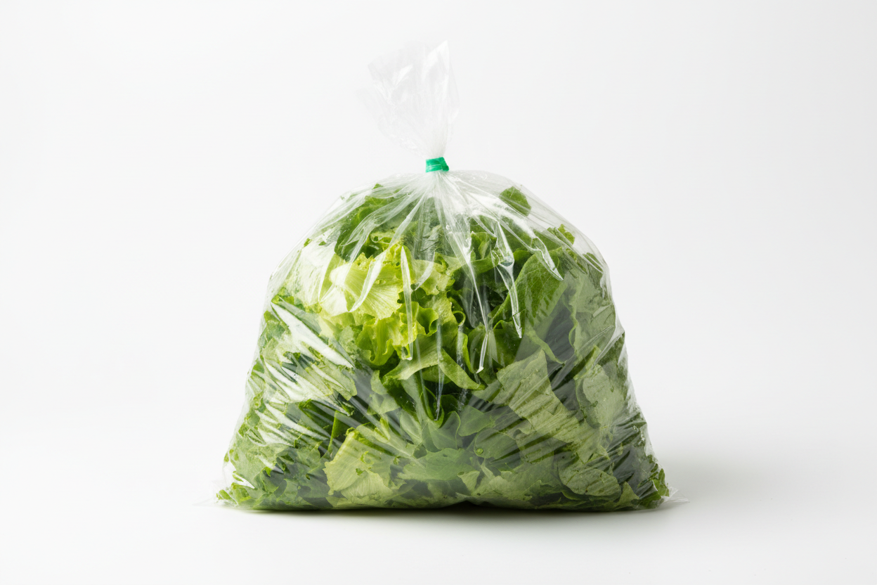 bolsa de lechuga transparente en fondo blanco