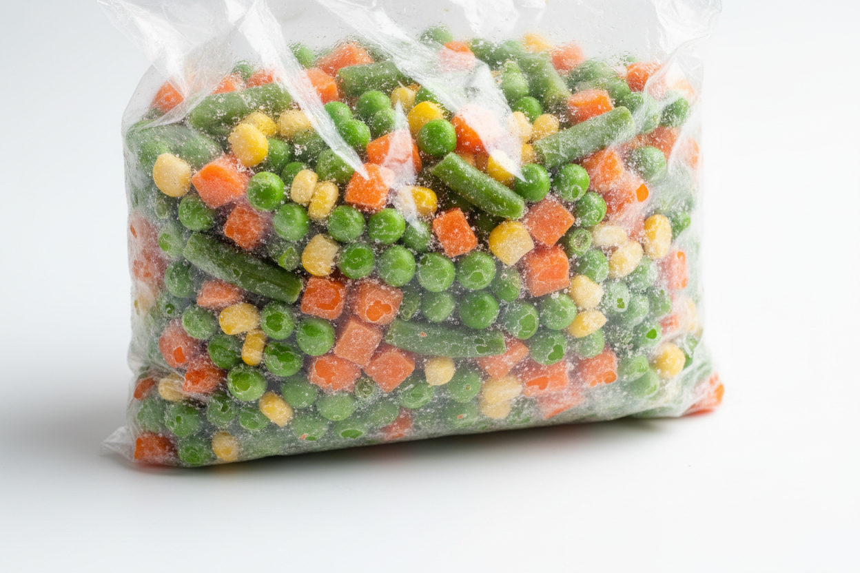 bolsa de plastico de primavera de verduras en fondo blanco congeladas