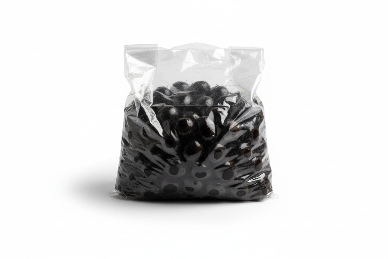 bolsa de plastico no sellada al vacio y aceitunas negras
