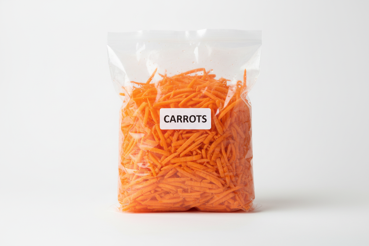 bolsa de zanahorias transparente y la zanahoria rayada en fondo blanco