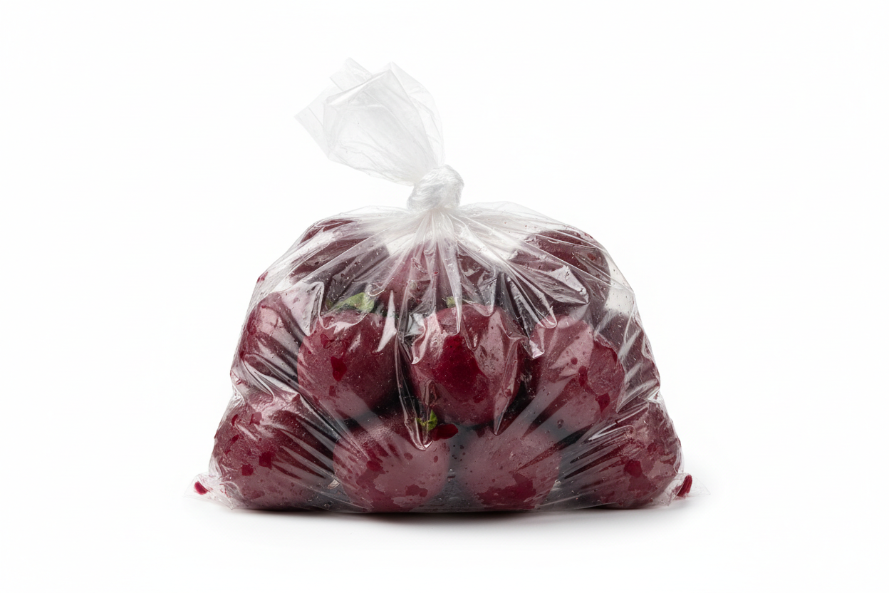 bolsa transparente de betarraga cocida sin etiquetas, sin estar sellada al vacio y en fondo blanco