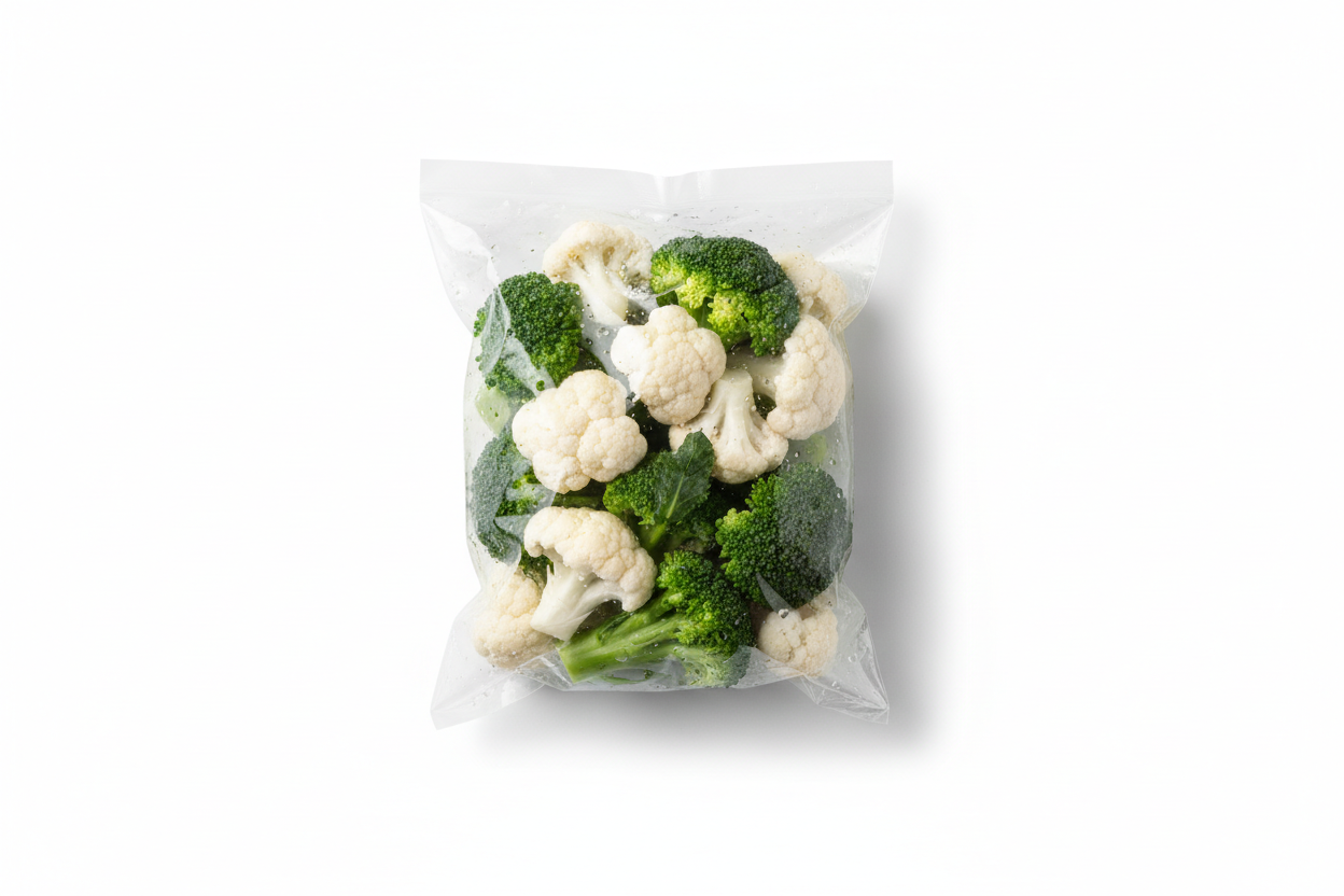 bolsa transparente de brocoli/coliflor sin etiquetas sola, y en fondo blanco