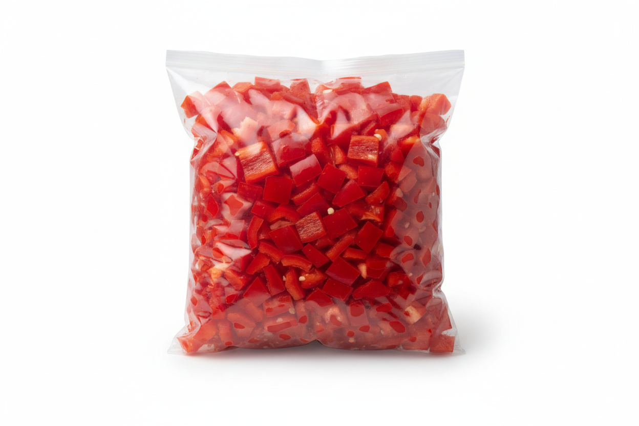 bolsa transparente de pimenton picado sin etiquetas sola, y en fondo blanco