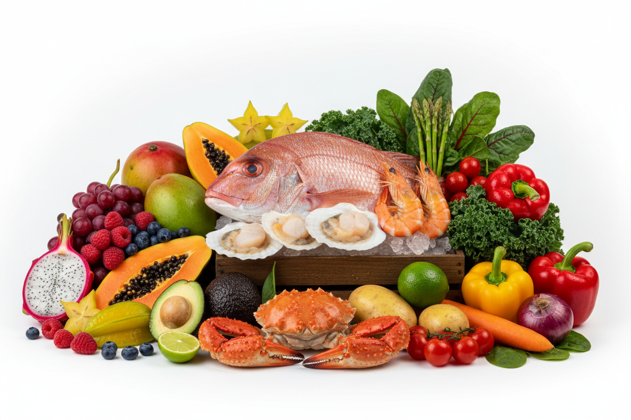 Cinematic shot of fruits, vegetables and seafood on a white background