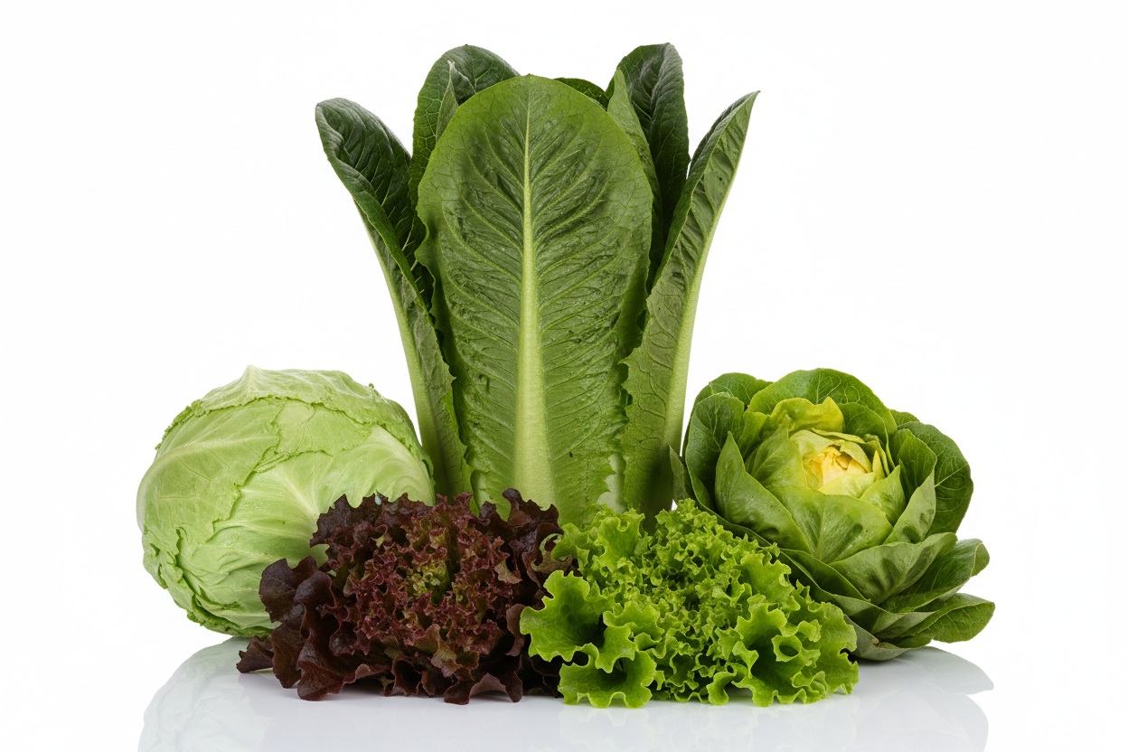 distintos tipos de lechugas con fondo blanco