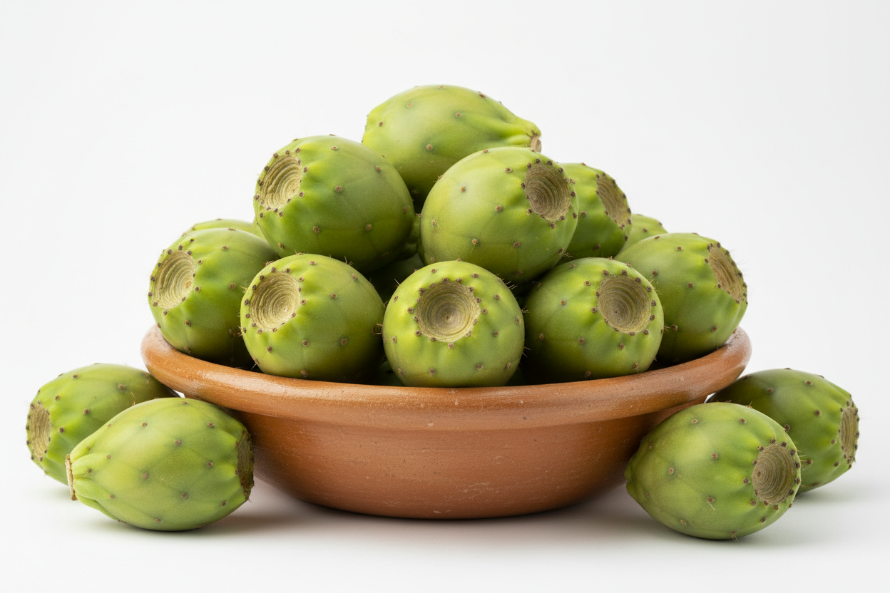 fruta tuna verde a granel en fondo blanco