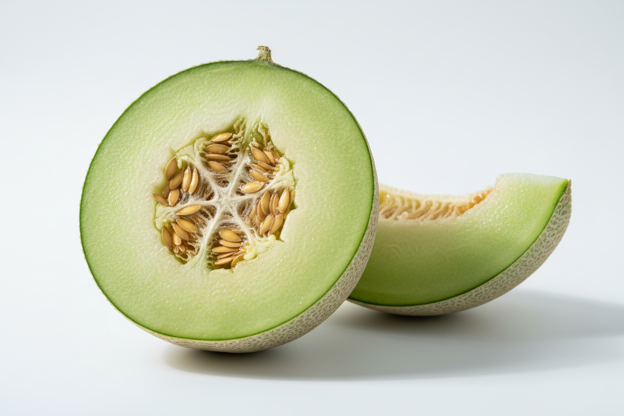 melón verde abierto en fondo blanco