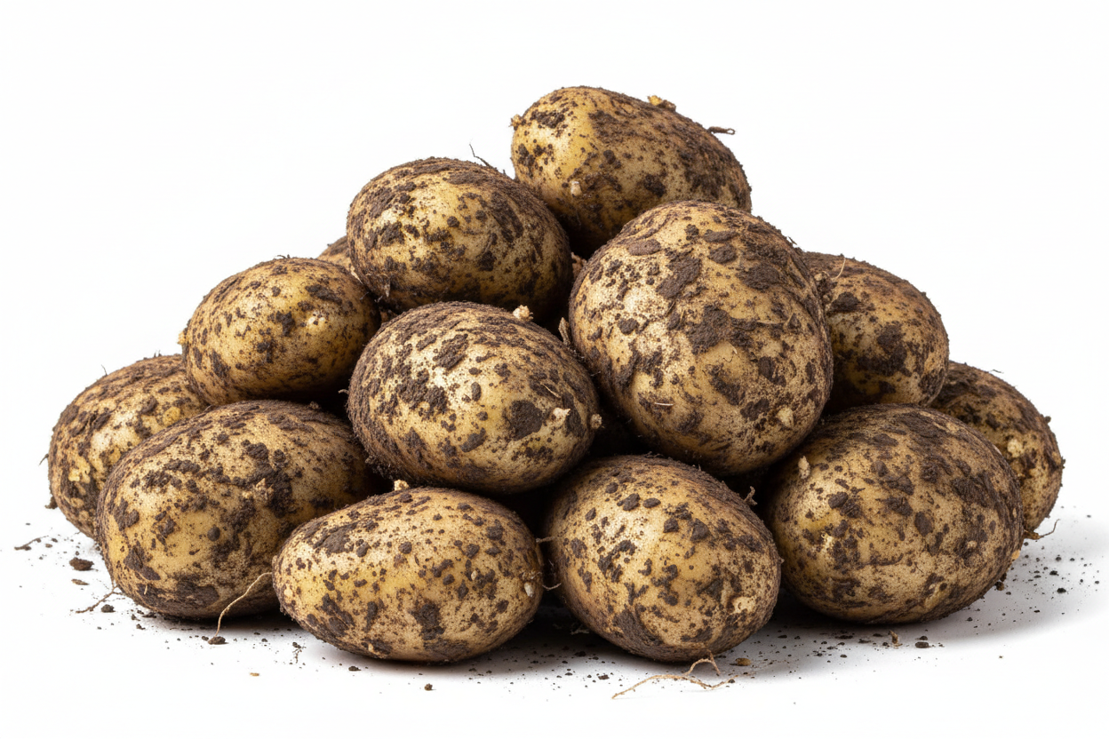 papa sucia a granel en fondo blanco