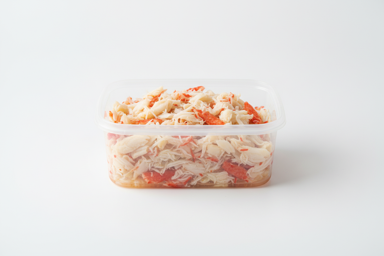 pote de carne de jaibe de 500 gramos plastico transparent6e sin texto y en fondo blanco