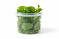 pote de plastico de hojas de menta con fondo blanco