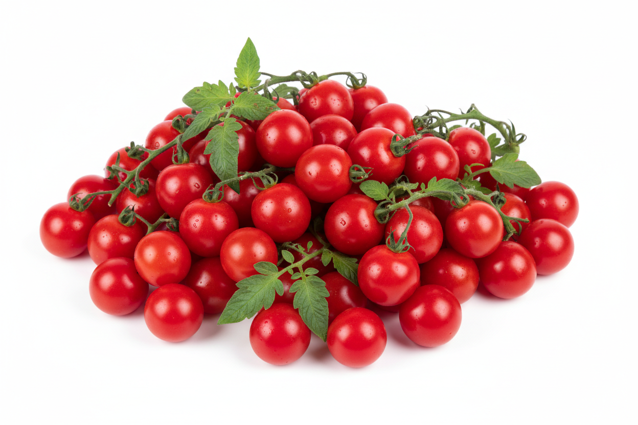 tomate cherry a granel en fondo blanco